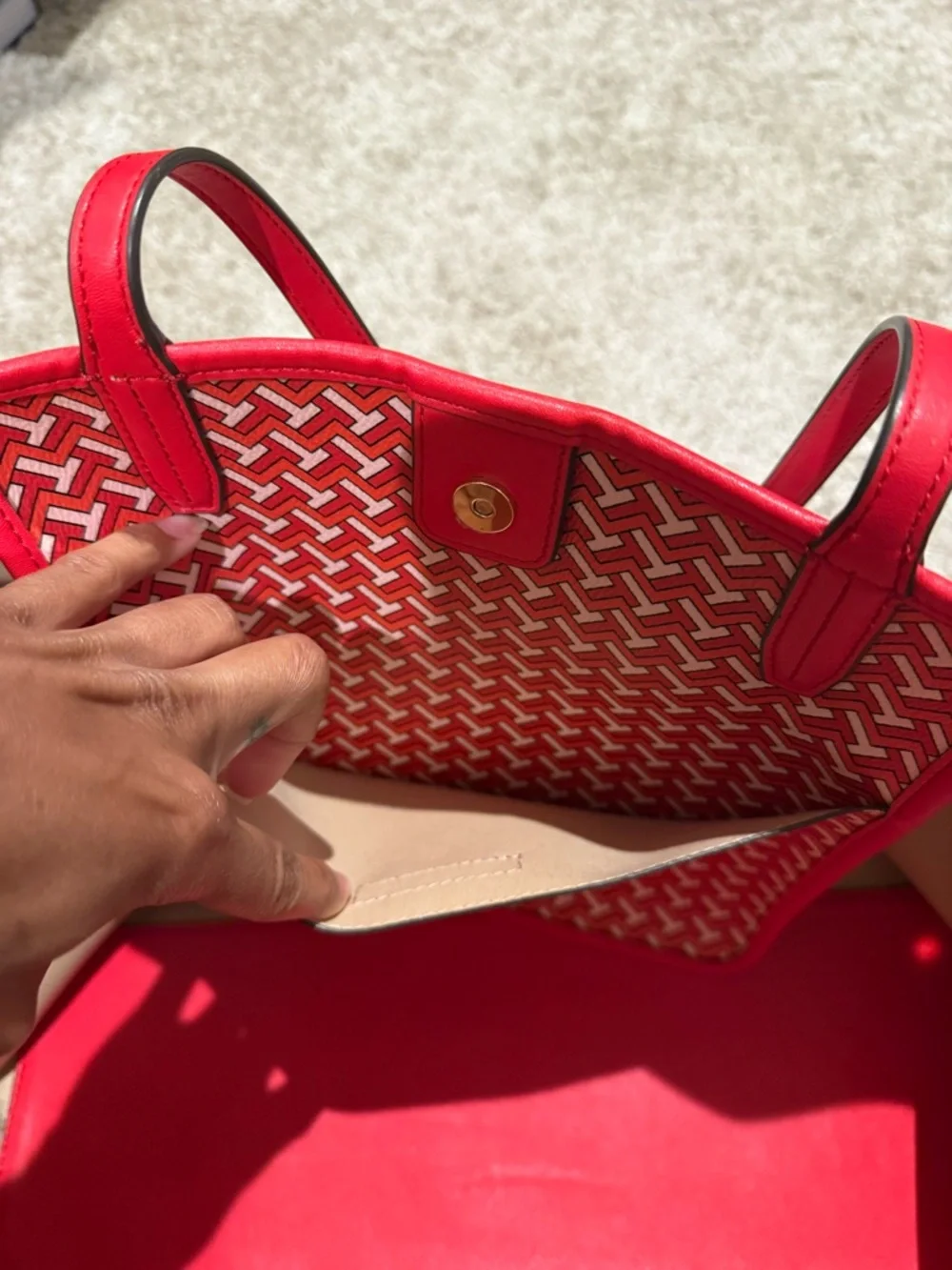 Tory Burch Red Patterned Tote with White Center Stripe - Picture 3 of 6